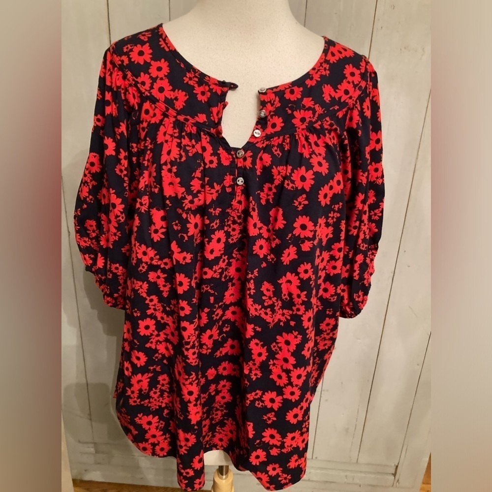 Loft Women's Size Large Floral Red & Blue 3 Button Puff‎ Sleeve Blouse Top